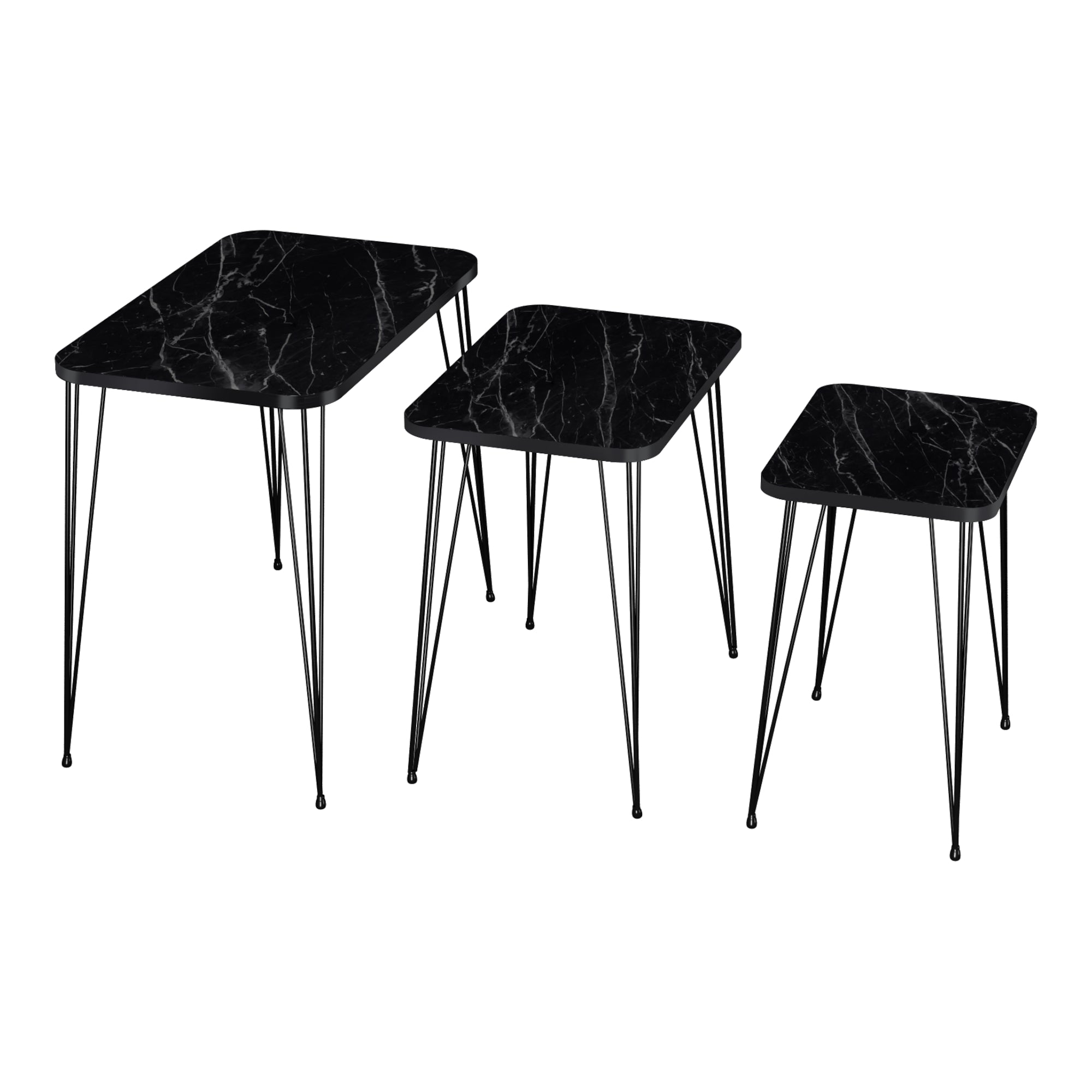 Set 'Rudkøbing' 3 Tavolini Sovrapponibili Gambe a Forcina e Piano Quadrato - Effetto Marmo Nero [en.casa]