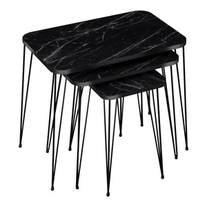 Set 'Rudkøbing' 3 Tavolini Sovrapponibili Gambe a Forcina e Piano Quadrato - Effetto Marmo Nero [en.casa]