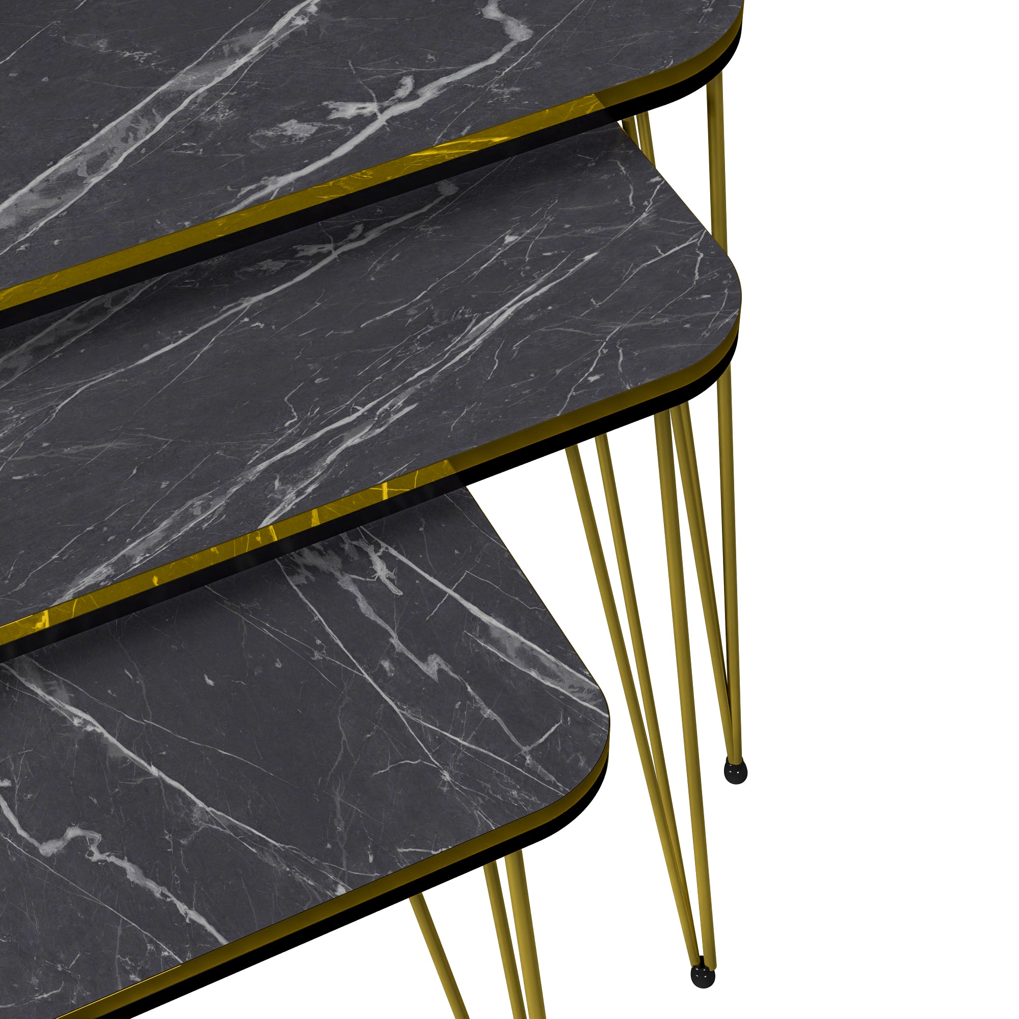 Set 'Rudkøbing' 3 Tavolini Sovrapponibili Gambe a Forcina e Piano Quadrato - Effetto Marmo Nero / Oro [en.casa]