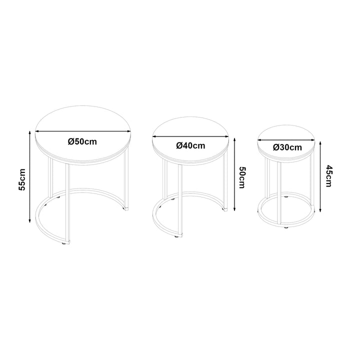 Set Bornholm 3 Tavolini Sovrapponibili con Piani Rotondi in Effetto Marmo Nero [en.casa]