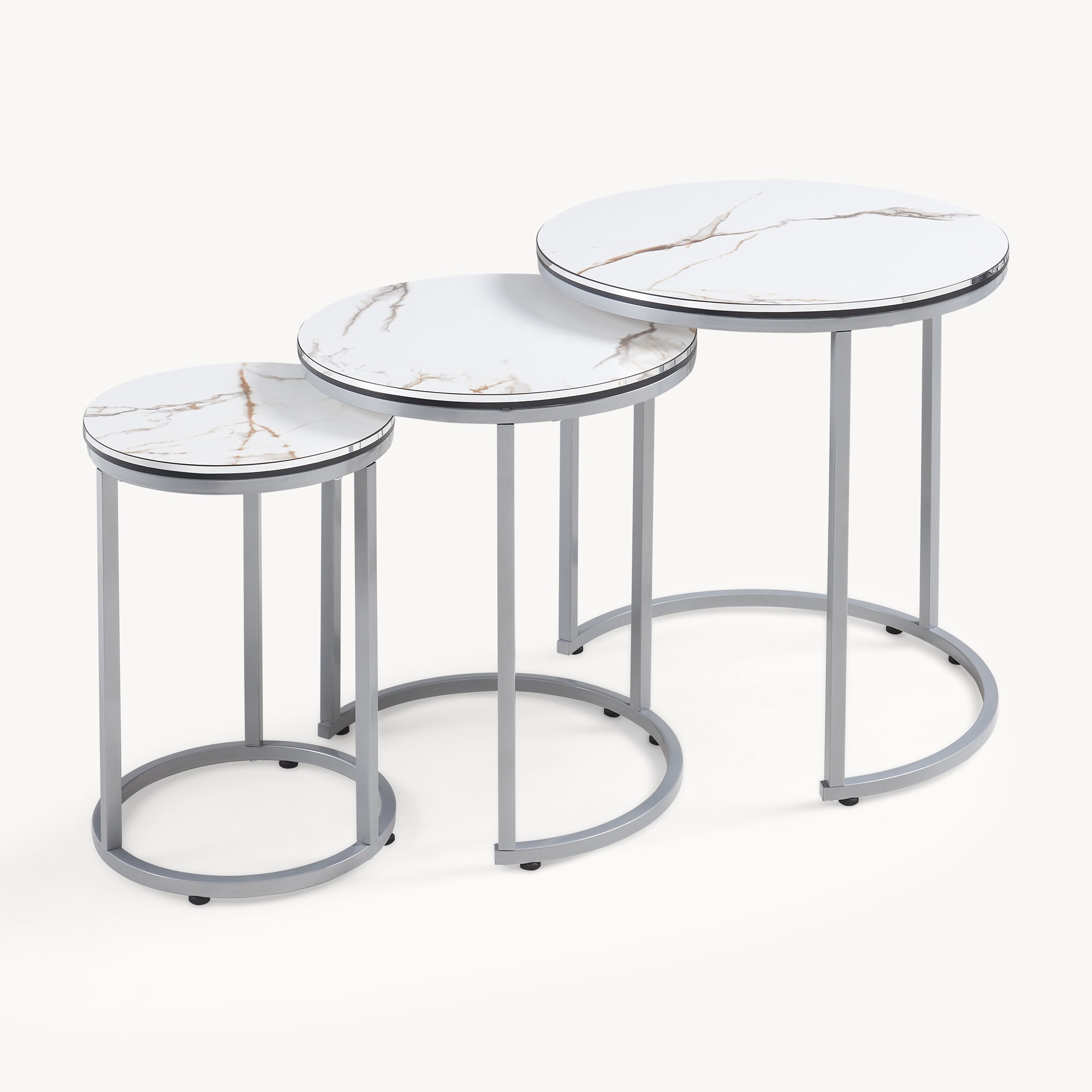 Set Bornholm 3 Tavolini Sovrapponibili con Piani Rotondi in Effetto Marmo Bianco [en.casa]