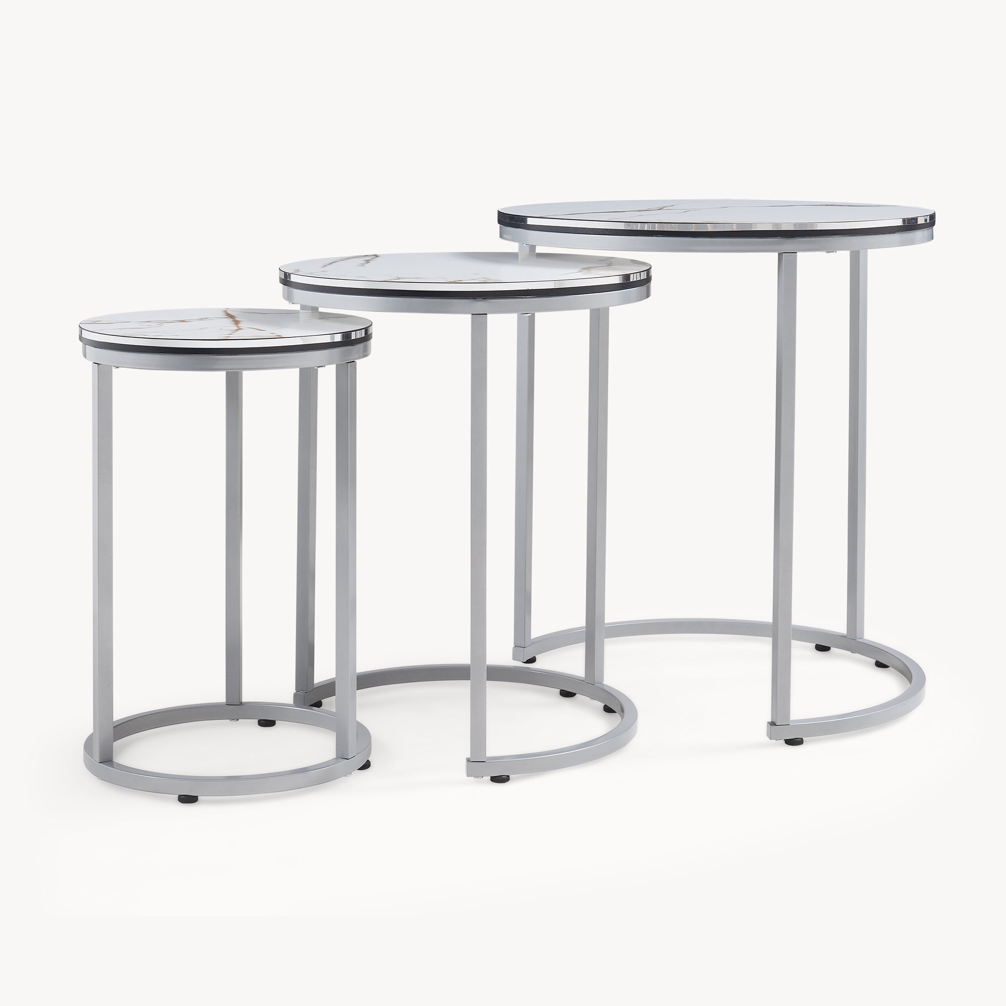 Set Bornholm 3 Tavolini Sovrapponibili con Piani Rotondi in Effetto Marmo Bianco [en.casa]