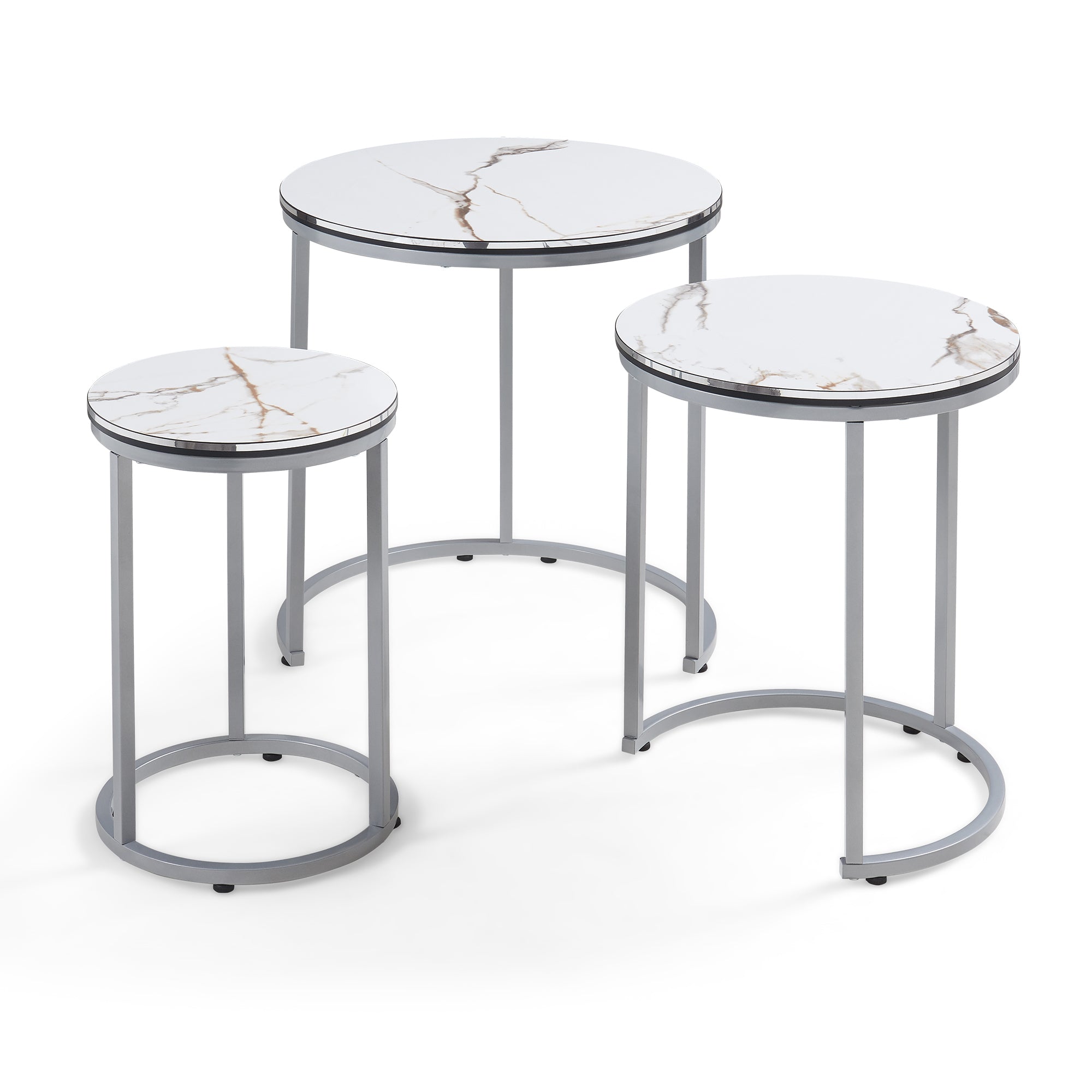 Set Bornholm 3 Tavolini Sovrapponibili con Piani Rotondi in Effetto Marmo Bianco [en.casa]