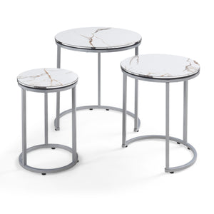 Set Bornholm 3 Tavolini Sovrapponibili con Piani Rotondi in Effetto Marmo Bianco [en.casa]