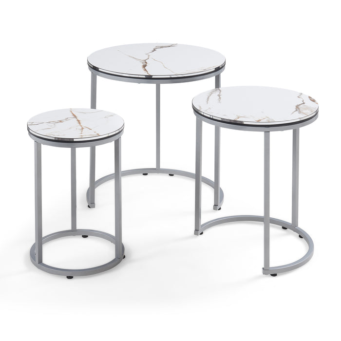 Set Bornholm 3 Tavolini Sovrapponibili con Piani Rotondi in Effetto Marmo Bianco [en.casa]