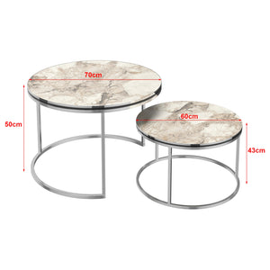 Set di 2 tavolini rotondi impilabili in marmo bianco argento 03_0008369