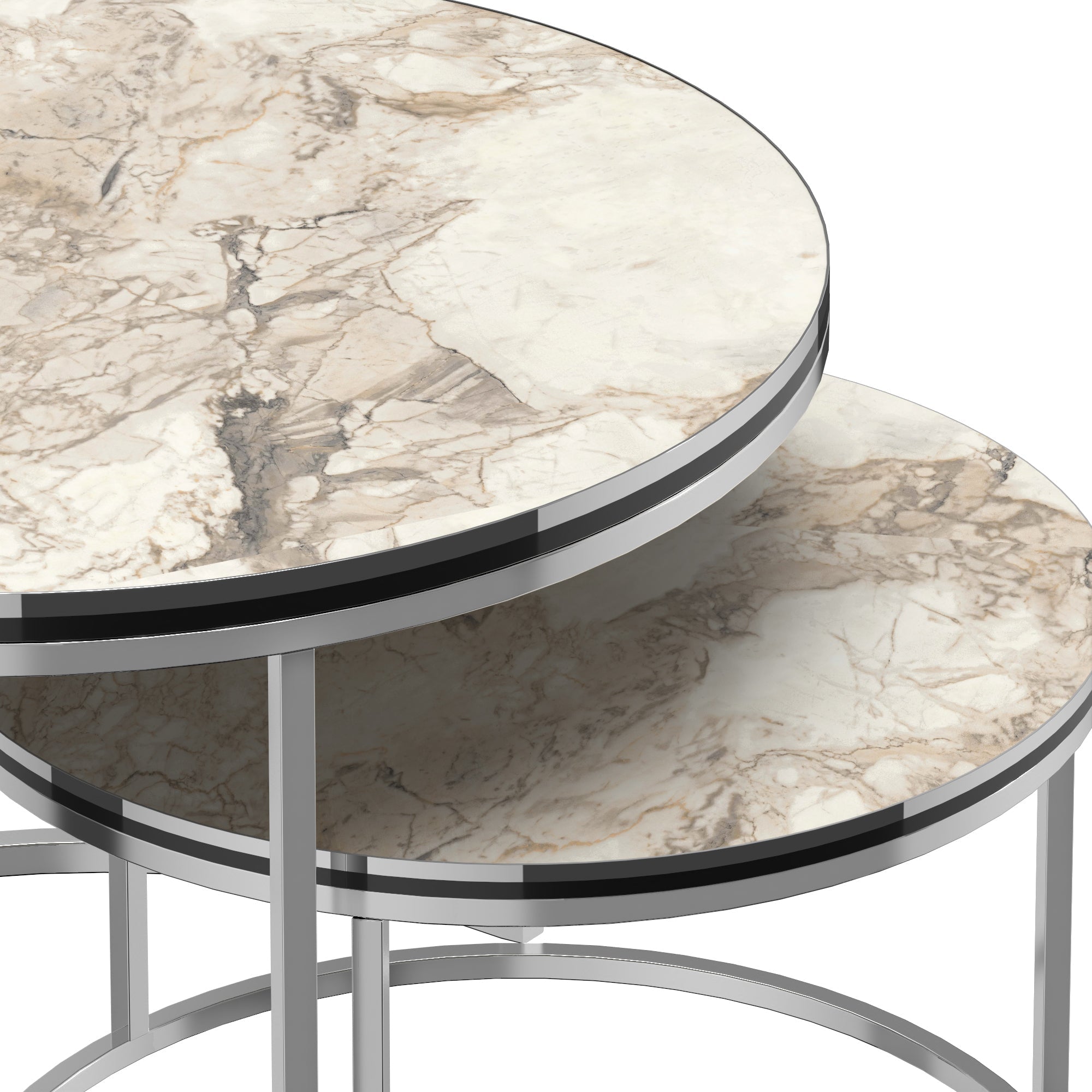Set di 2 tavolini rotondi impilabili in marmo bianco argento 03_0008369