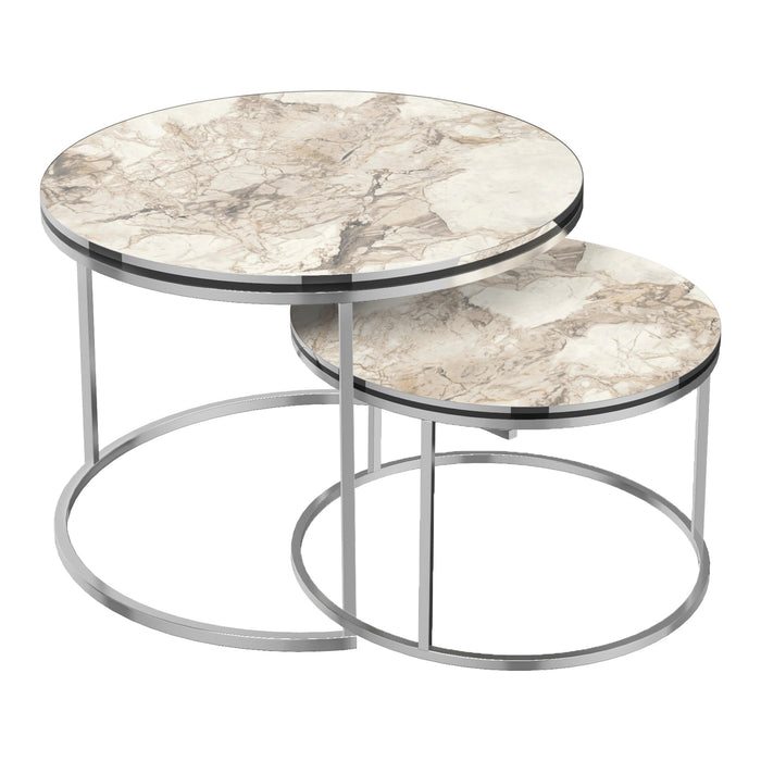 Set di 2 tavolini rotondi impilabili in marmo bianco argento 03_0008369