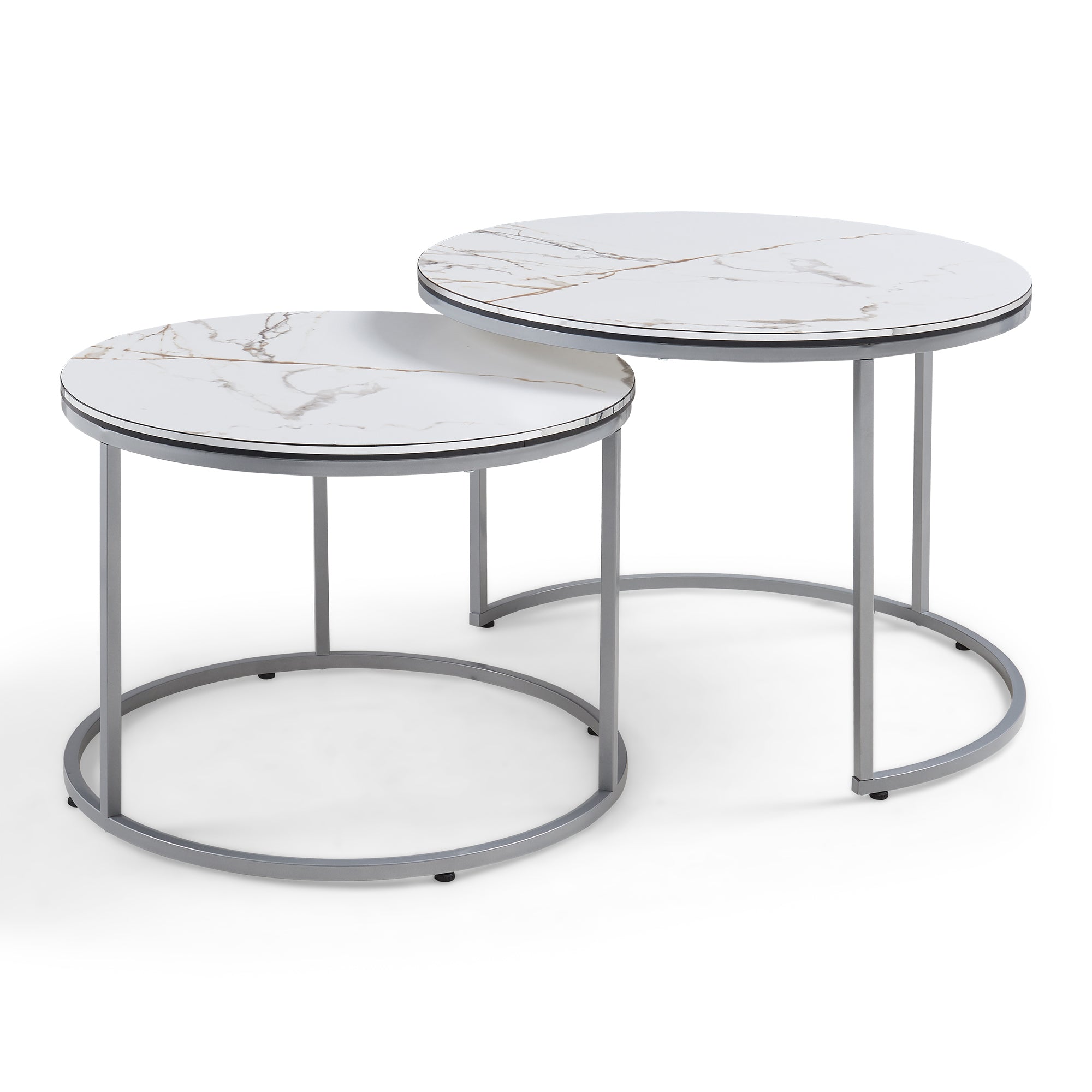 Set Skagen 2 Tavolini Sovrapponibili con Piani Rotondi e Telaio in Metallo - Effetto Marmo Bianco / Argentato [en.casa]