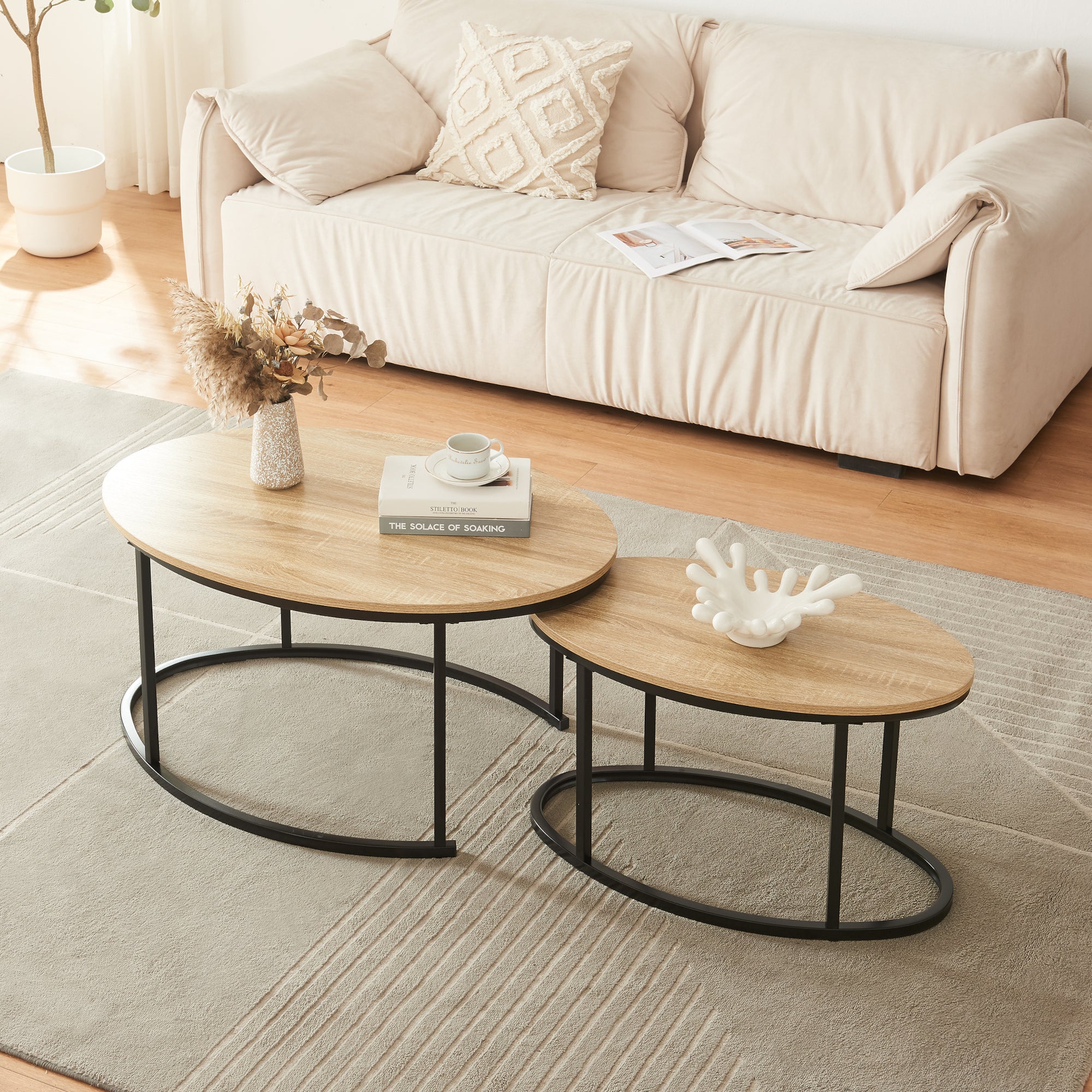 Set Niederlande di 2 Tavolini Sovrapponibili - Effetto Rovere / Nero [en.casa]