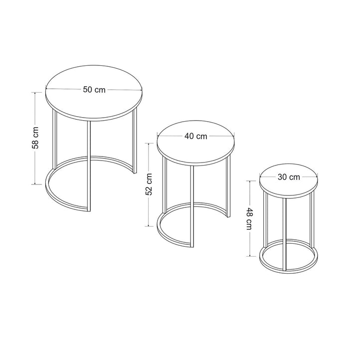 Set di 3 Tavolini Bassi 'Frederiksværk' Sovrapponibili con Piani Rotondi in Effetto Marmo Nero [en.casa]