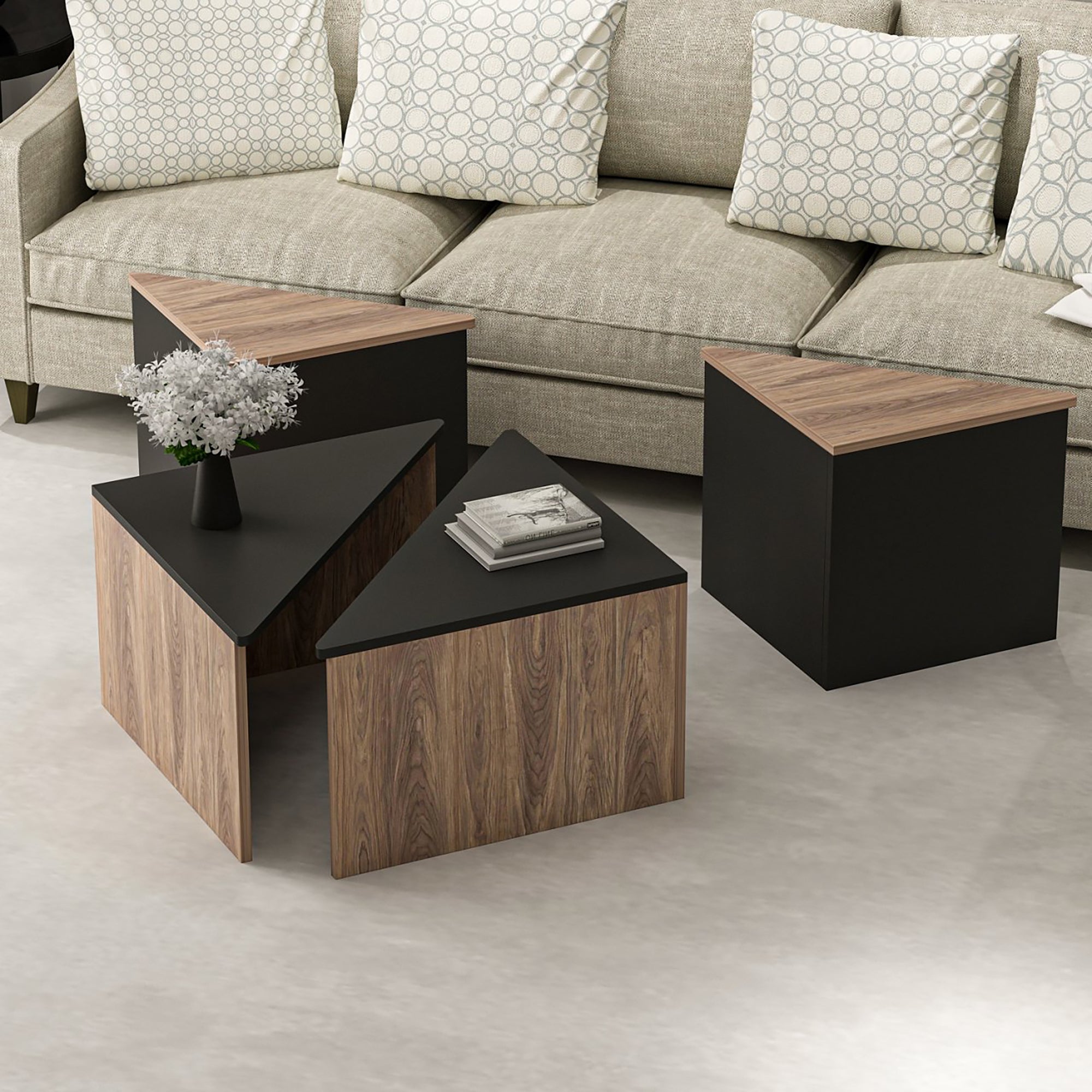 Tavolino Basso 4 in 1 'Frederikshavn' Tavolini Componibili Sovrapponibili Bicolore - Rovere / Nero [en.casa]