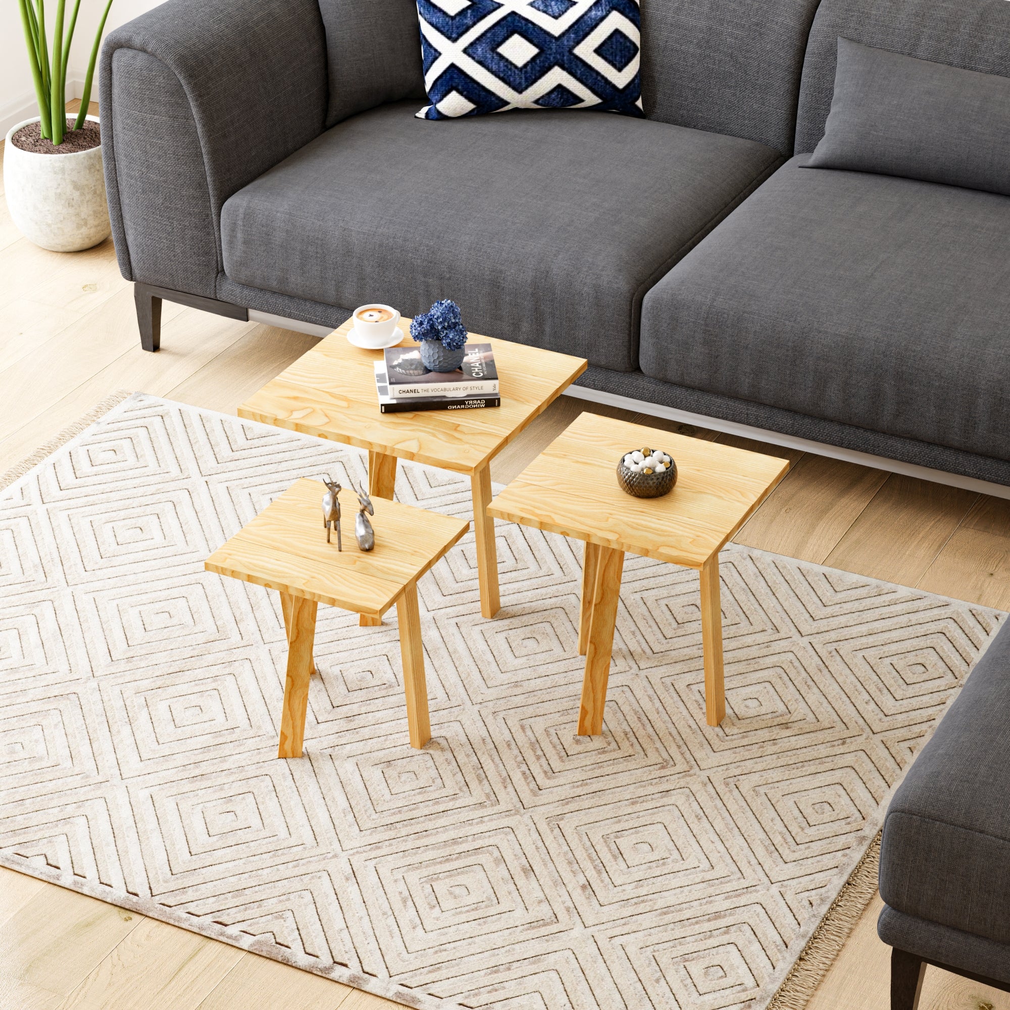 Set di 3 Tavolini Bassi da Salotto Masku Tavolini Sovrapponibili in Legno di Pino Naturale [en.casa]