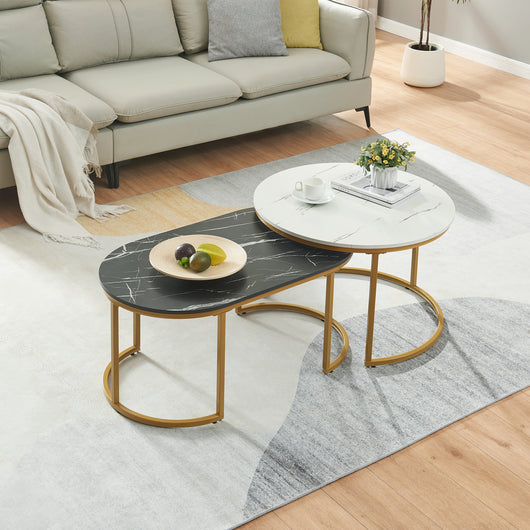 Set Oppeerg di 2 Tavolini Sovrapponibili da Salotto Rotondo e Ellittico - Effetto Marmo Nero-Bianco/Dorato [en.casa]