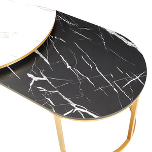 Set Oppeerg di 2 Tavolini Sovrapponibili da Salotto Rotondo e Ellittico - Effetto Marmo Nero-Bianco/Dorato [en.casa]