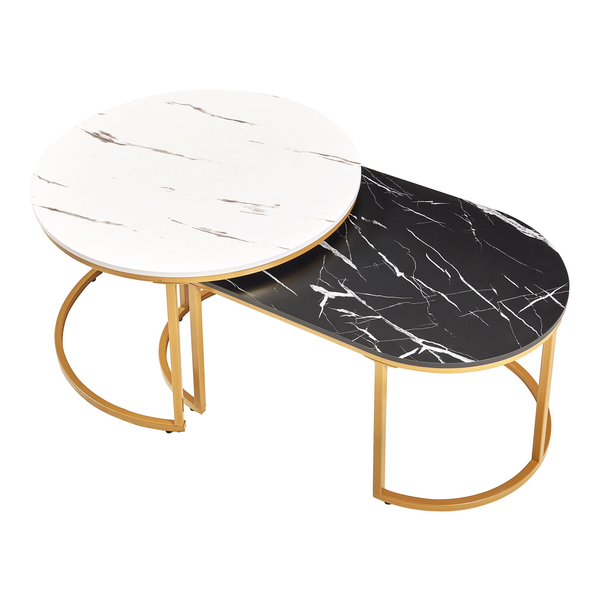 Set Oppeerg di 2 Tavolini Sovrapponibili da Salotto Rotondo e Ellittico - Effetto Marmo Nero-Bianco/Dorato [en.casa]