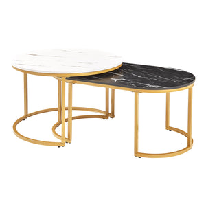 Set Oppeerg di 2 Tavolini Sovrapponibili da Salotto Rotondo e Ellittico - Effetto Marmo Nero-Bianco/Dorato [en.casa]