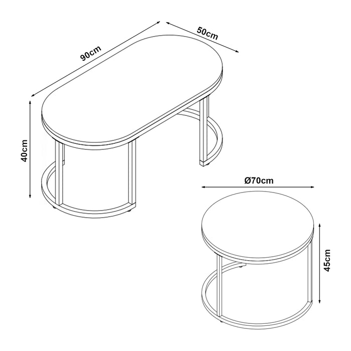 Set Oppeerg di 2 Tavolini Sovrapponibili da Salotto Rotondo e Ellittico - Effetto Marmo Nero/Dorato [en.casa]