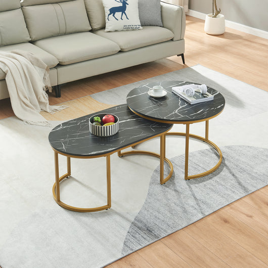 Set Oppeerg di 2 Tavolini Sovrapponibili da Salotto Rotondo e Ellittico - Effetto Marmo Nero/Dorato [en.casa]