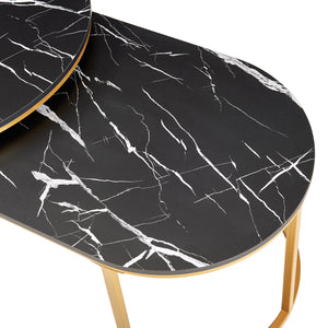 Set Oppeerg di 2 Tavolini Sovrapponibili da Salotto Rotondo e Ellittico - Effetto Marmo Nero/Dorato [en.casa]