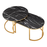 Set Oppeerg di 2 Tavolini Sovrapponibili da Salotto Rotondo e Ellittico - Effetto Marmo Nero/Dorato [en.casa]