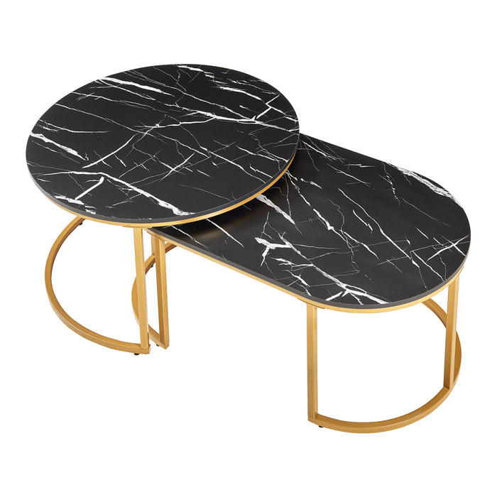 Set Oppeerg di 2 Tavolini Sovrapponibili da Salotto Rotondo e Ellittico - Effetto Marmo Nero/Dorato [en.casa]