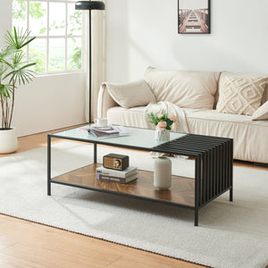 Tavolino Centrale da Salotto Pärghos 120x60x45 cm Nero / Vetro opaco / Effetto Rovere [en.casa]