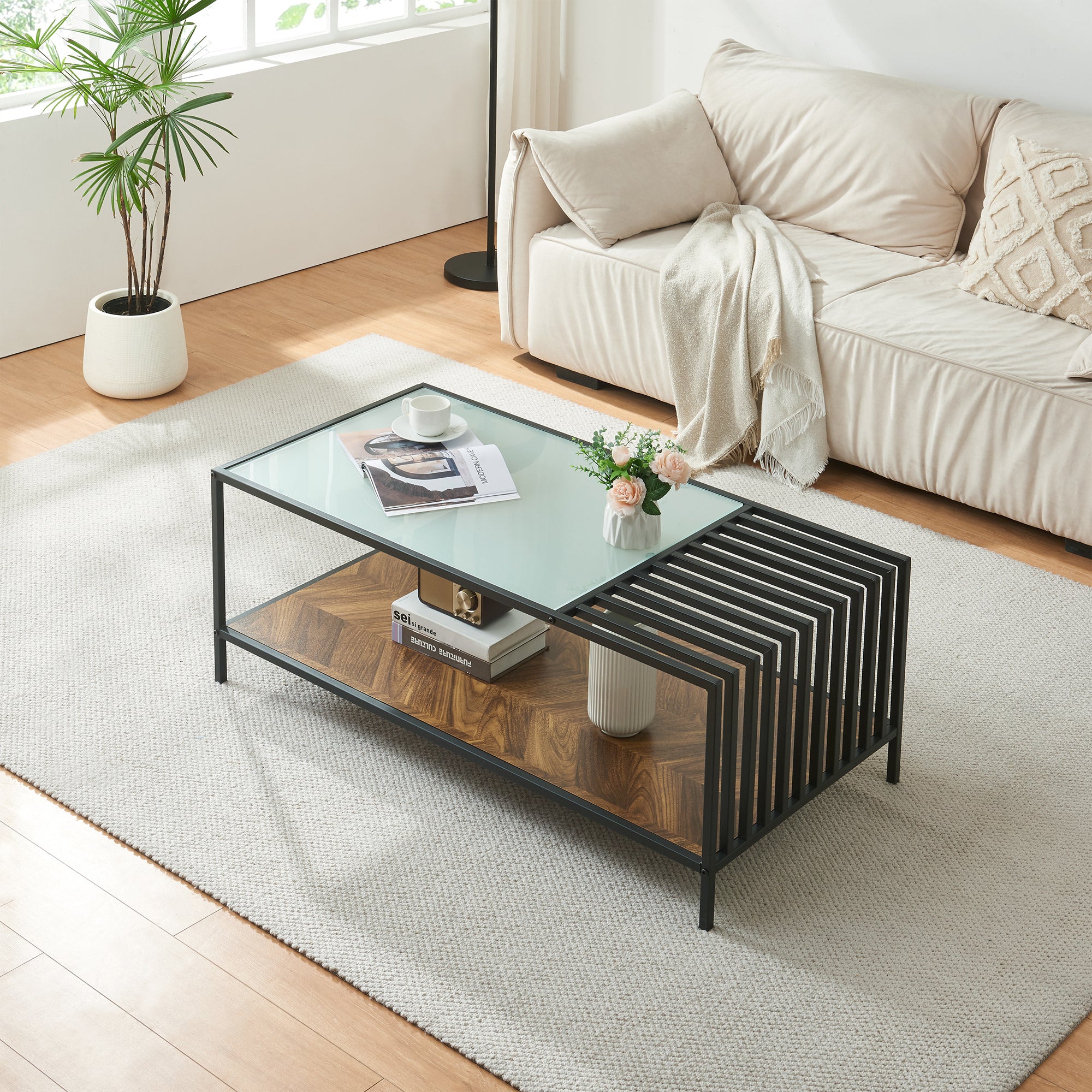 Tavolino Centrale da Salotto Pärghos 120x60x45 cm Nero / Vetro opaco / Effetto Rovere [en.casa]