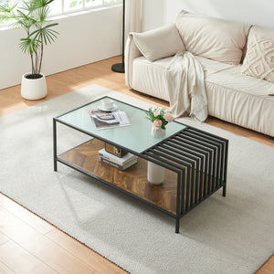 Tavolino Centrale da Salotto Pärghos 120x60x45 cm Nero / Vetro opaco / Effetto Rovere [en.casa]