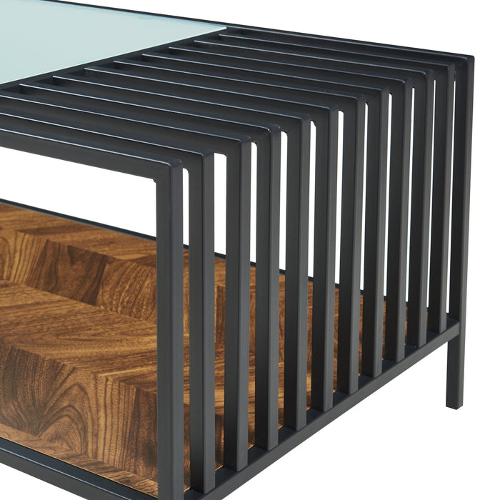 Tavolino Centrale da Salotto Pärghos 120x60x45 cm Nero / Vetro opaco / Effetto Rovere [en.casa]