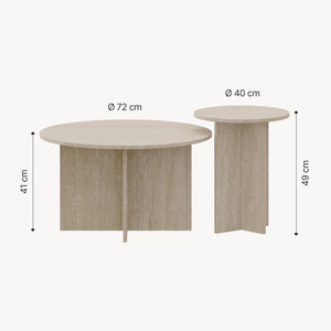 Set di 2 Tavolini Rotondi Verummetka con Basi Incrociate - color Avorio Travertin [en.casa]