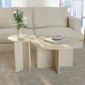 Set di 2 Tavolini Rotondi Verummetka con Basi Incrociate - color Avorio Travertin [en.casa]