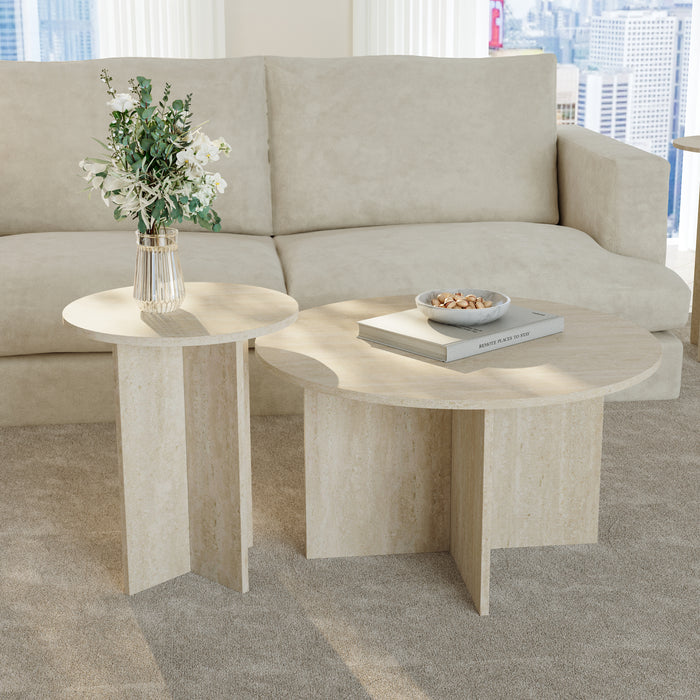 Set di 2 Tavolini Rotondi Verummetka con Basi Incrociate - color Avorio Travertin [en.casa]