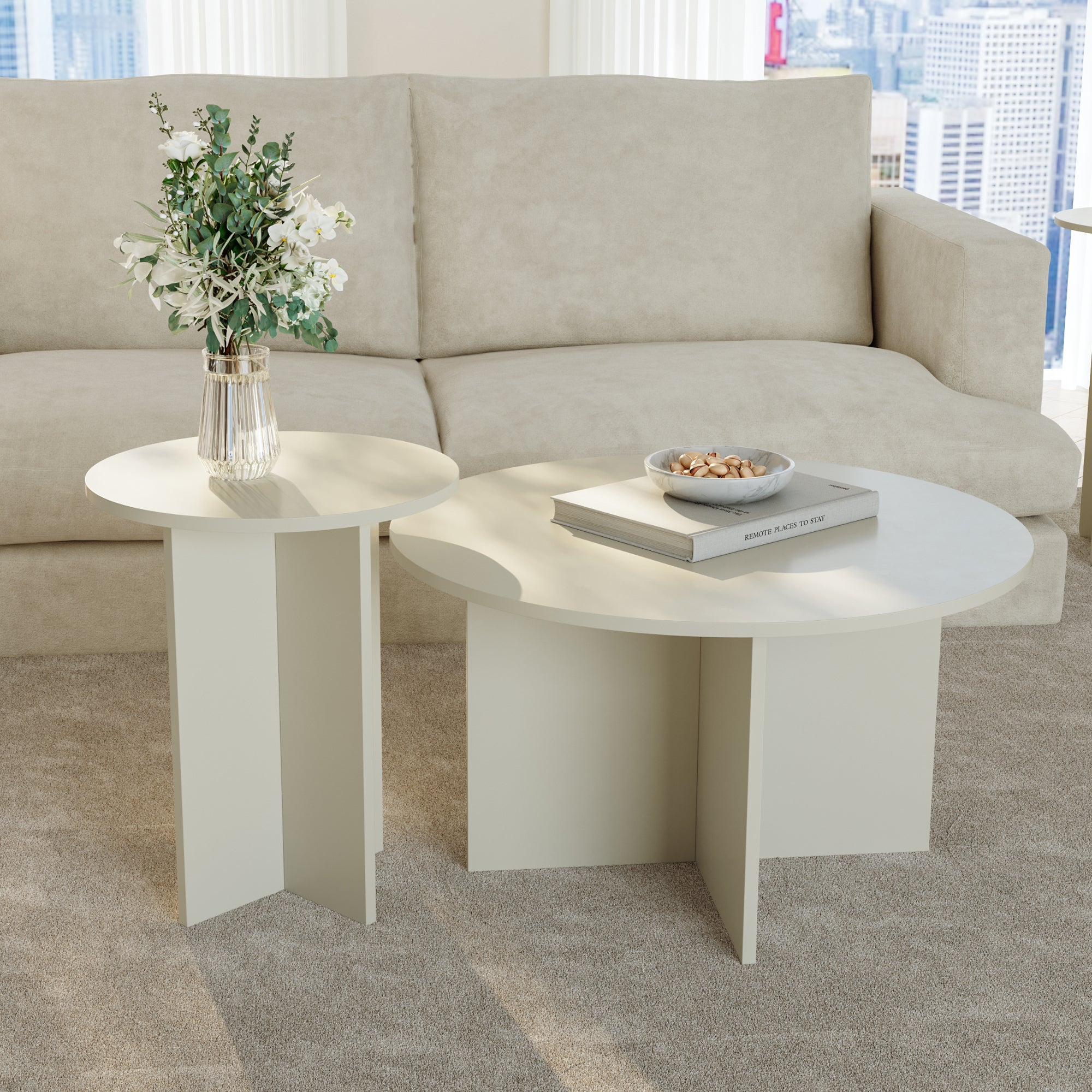 Set di 2 Tavolini Rotondi Verummetka con Basi Incrociate - color Avena Oatmeal [en.casa]