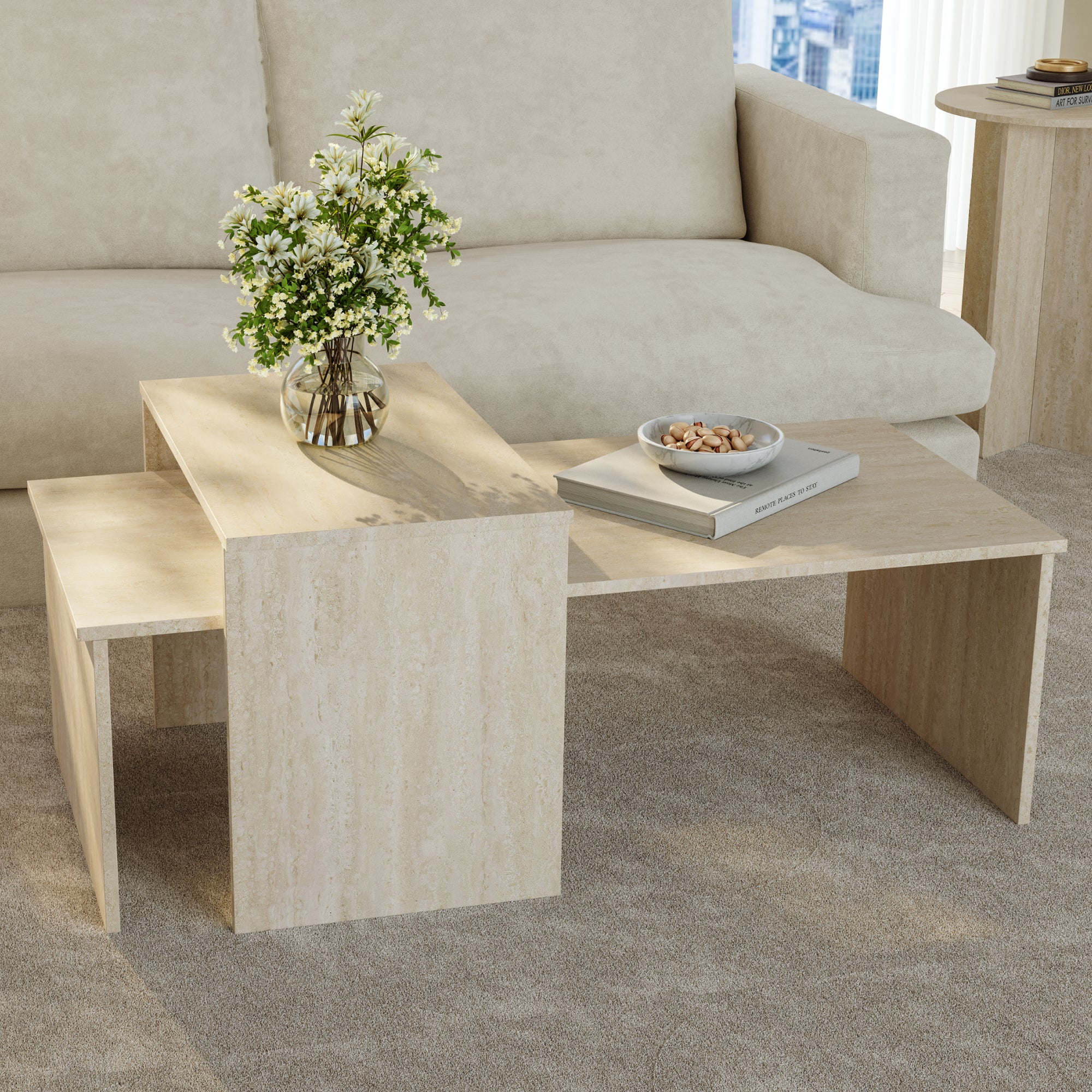 Set Sotapim di 2 Tavolini Rettangolari Componibili di Diverse Misure - Color Travertino [en.casa]