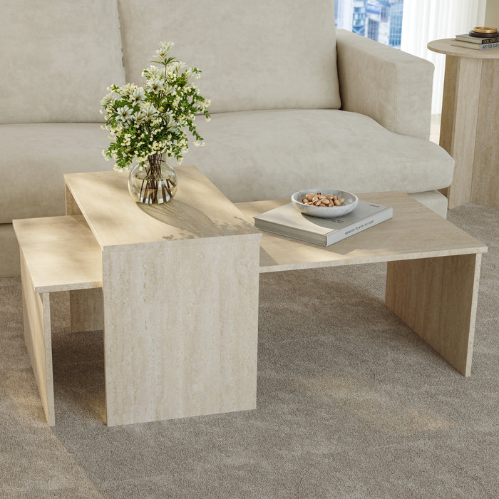 Set Sotapim di 2 Tavolini Rettangolari Componibili di Diverse Misure - Color Travertino [en.casa]