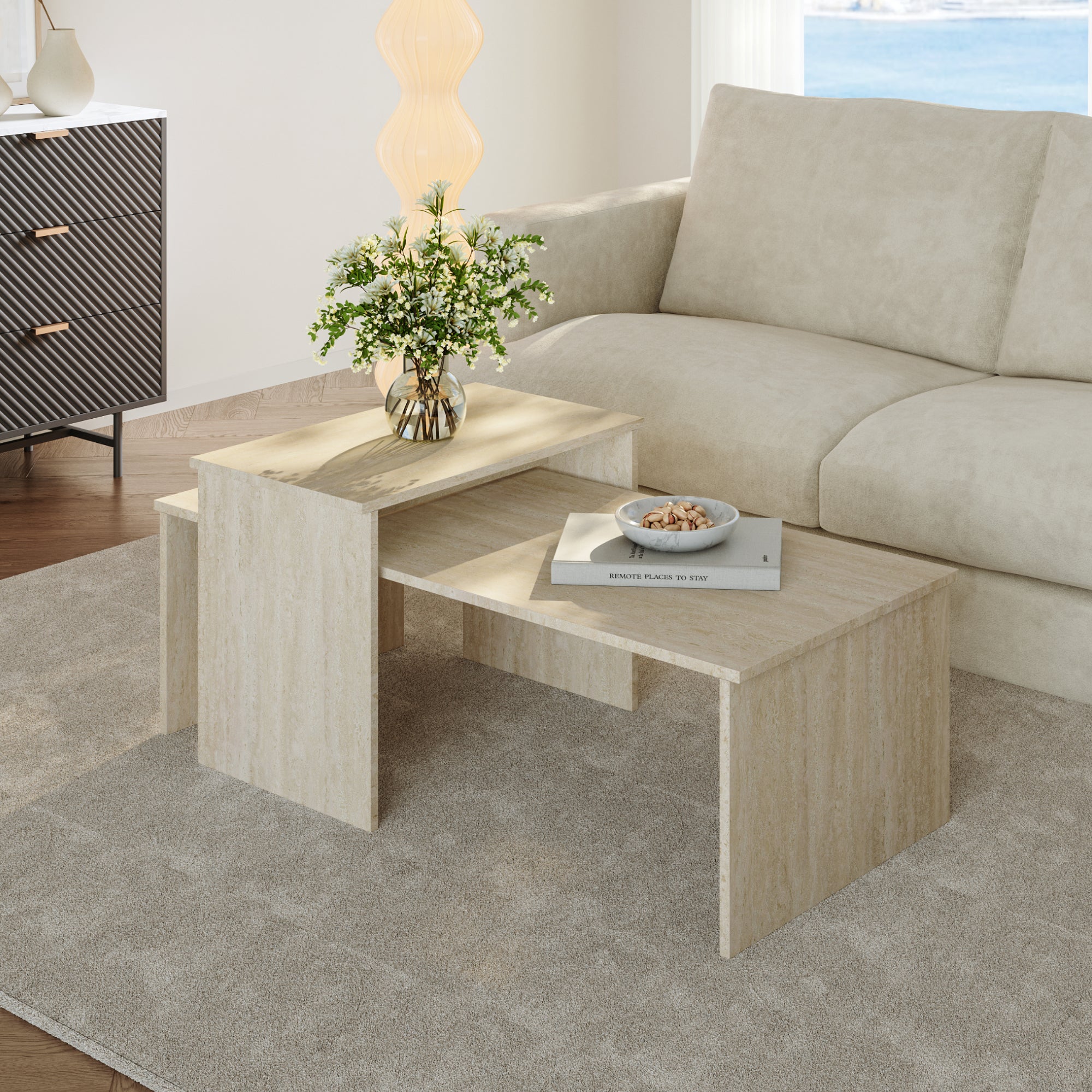 Set Sotapim di 2 Tavolini Rettangolari Componibili di Diverse Misure - Color Travertino [en.casa]