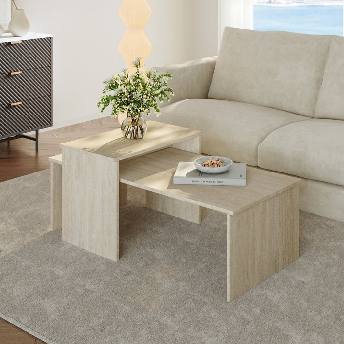 Set Sotapim di 2 Tavolini Rettangolari Componibili di Diverse Misure - Color Travertino [en.casa]