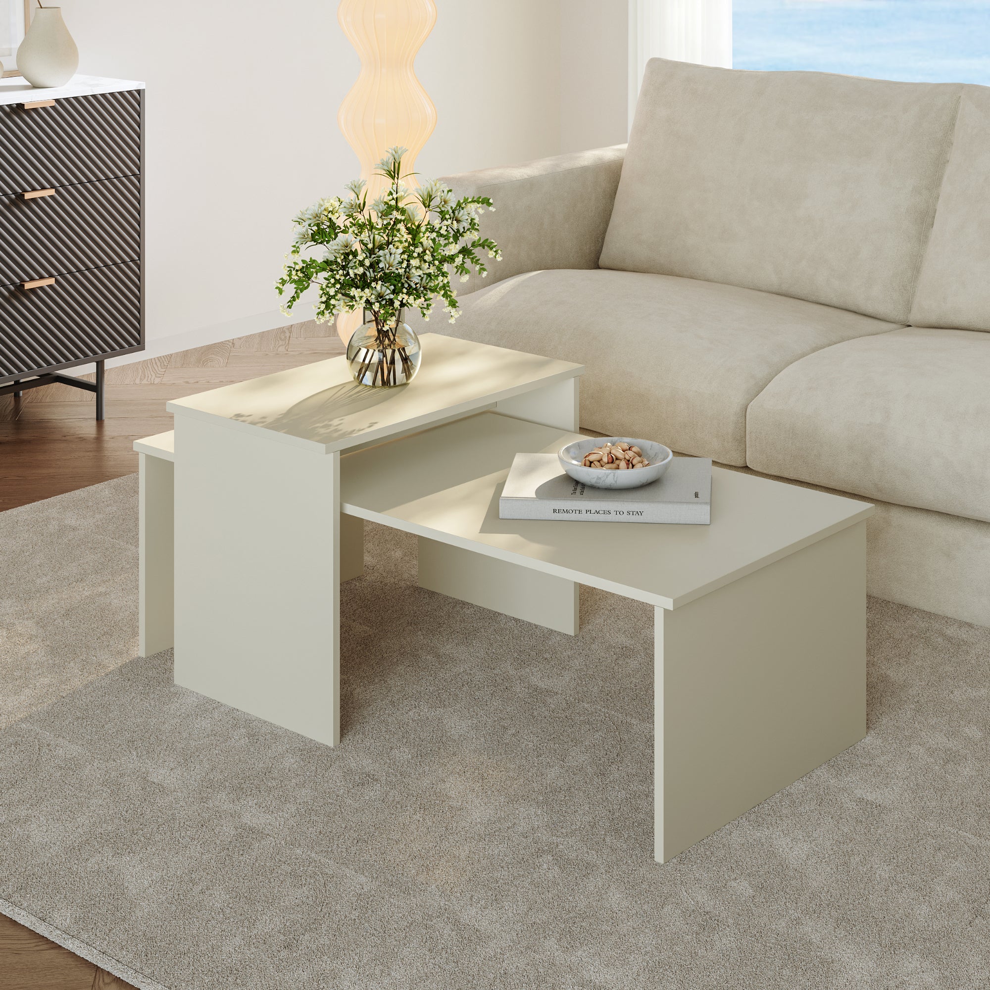 Set Sotapim di 2 Tavolini Rettangolari Componibili di Diverse Misure - Color Sabbia [en.casa]