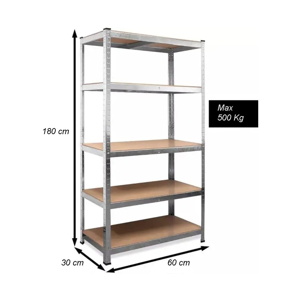 SCAFFALE SCAFFLATURA in Metallo per Officina E Garage 180x60x30 cm | SCAFFALE 5 ripiani con pannelli MDF montaggio a scatto semplice | Portata Massima 500 kg