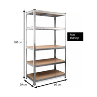 SCAFFALE SCAFFLATURA in Metallo per Officina E Garage 180x60x30 cm | SCAFFALE 5 ripiani con pannelli MDF montaggio a scatto semplice | Portata Massima 500 kg