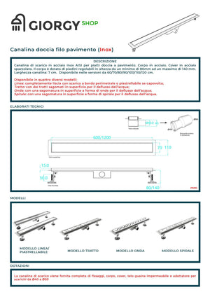 Canalina Di Scarico Per Piatto Doccia A Pavimento Acciaio Inox Modello Linea 60