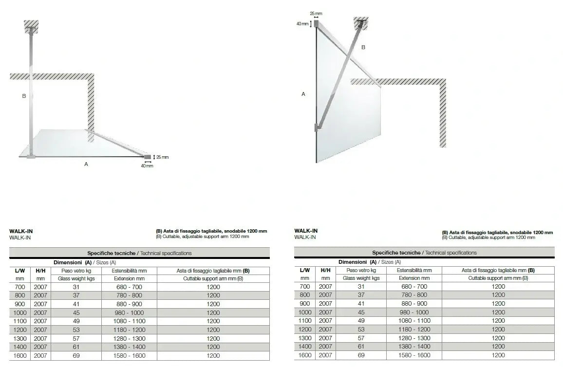 Parete Doccia Walk In H200 Anticalcare 8mm Trasparente Profili Grafite - 140 cm