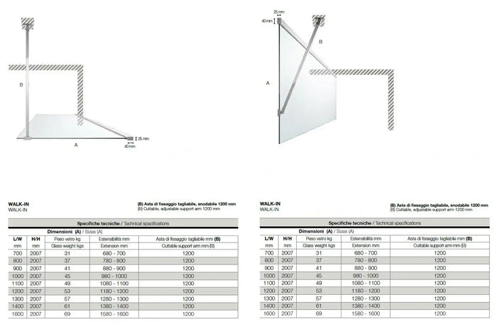 Parete Walk In H200 Anticalcare 8mm Trasparente Profili Oro - 130 cm