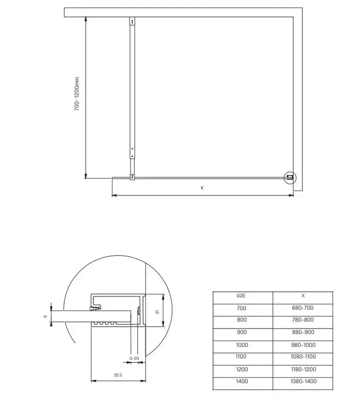 Parete Walkin H200cm Opaca 8mm Anticalcare Profili Cromo - 90 cm