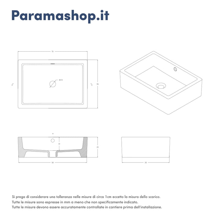Lavabo da appoggio rettangolare con troppopieno 51,5x36x15 cm Bianco