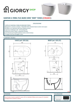 Set Sanitari a terra filo muro, linea tonda colore nero opaco coprivaso soft-close 