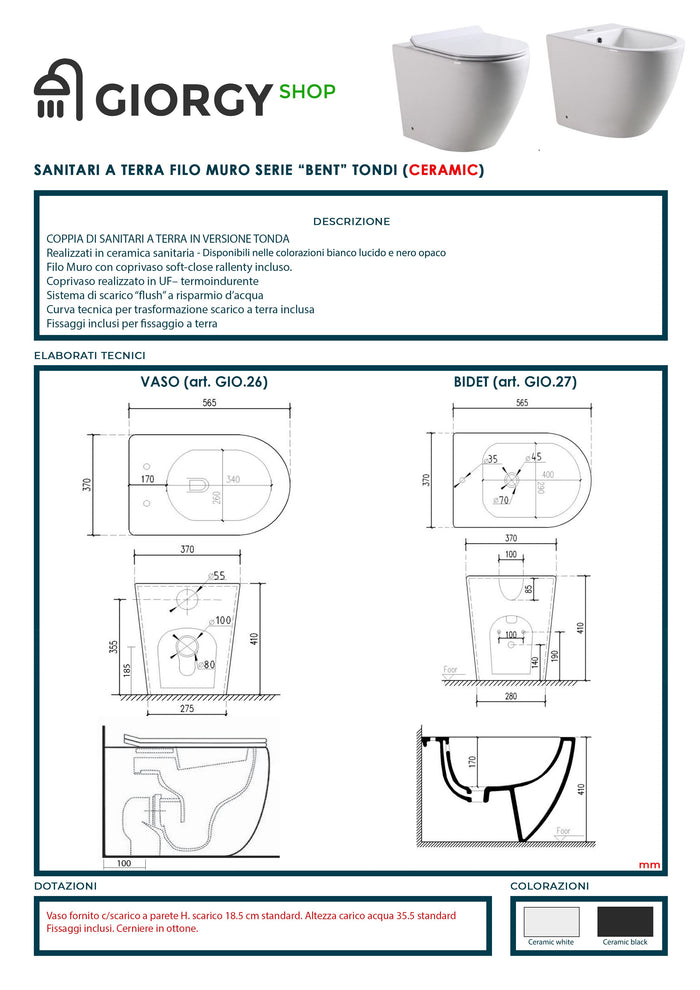 Set Sanitari a terra filo muro, linea tonda colore nero opaco coprivaso soft-close 
