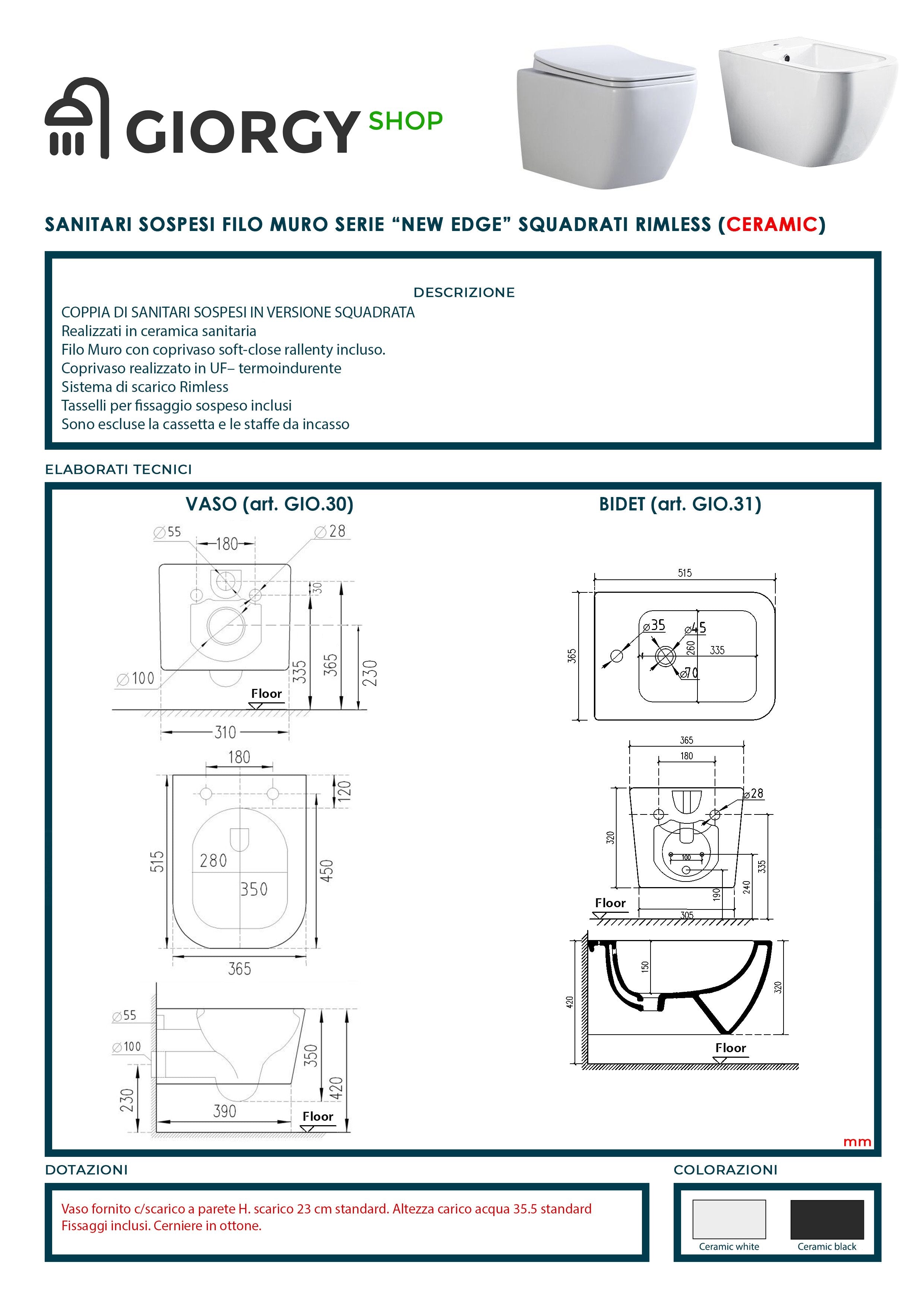 Coppia Sanitari Sospesi Rimless Senza Brida Serie New Edge Nero Opaco Coprivaso Soft-Close Incluso