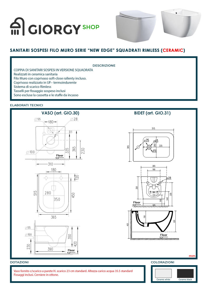 Coppia Sanitari Sospesi Rimless Senza Brida Serie New Edge Nero Opaco Coprivaso Soft-Close Incluso